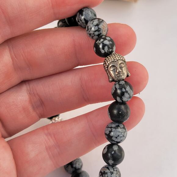 Vintage snowflake obsidian Buddha bracelet rhinestone accent stretch - Picture 5 of 10